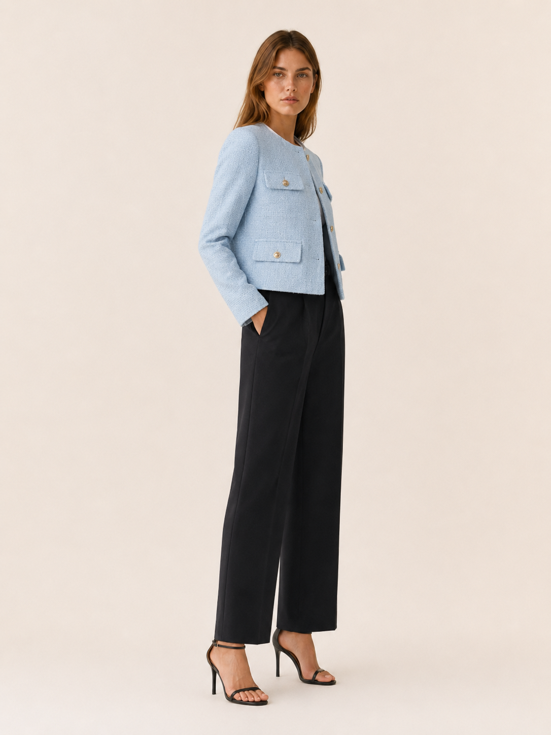Elowise | Tweed Cropped Blazer with Gold Button Detail