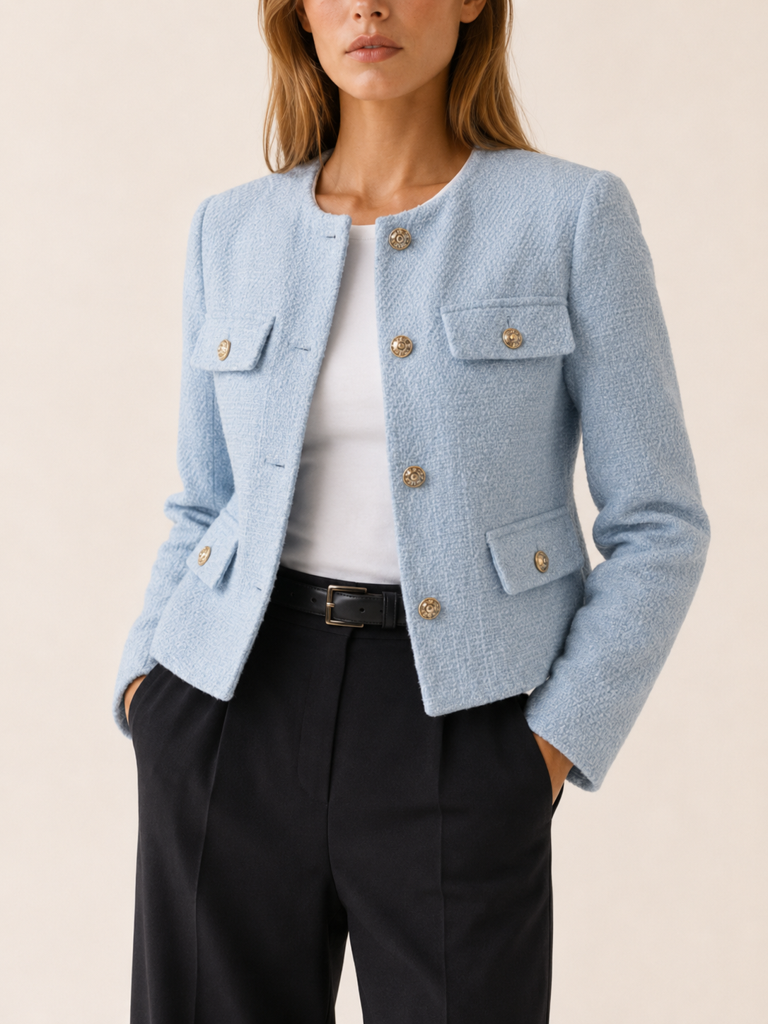 Elowise | Tweed Cropped Blazer with Gold Button Detail
