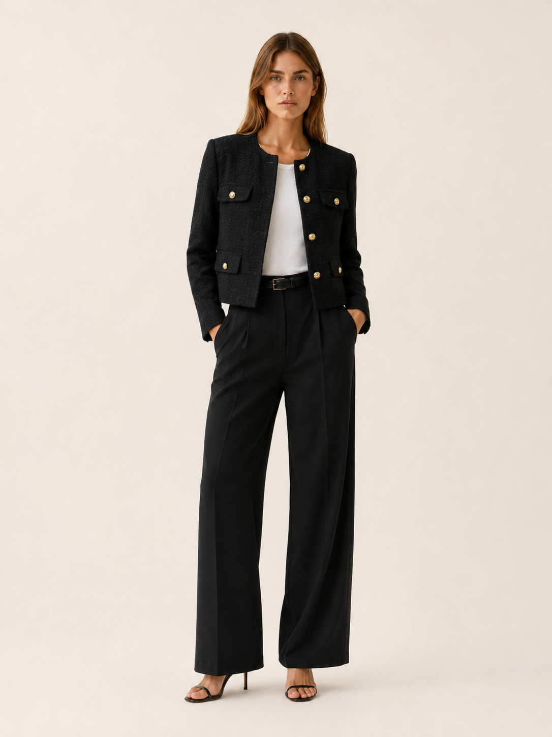 Elowise | Tweed Cropped Blazer with Gold Button Detail