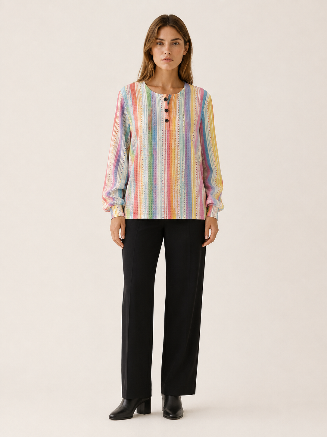 Elvoria | Women's Striped Button Neck Jumper