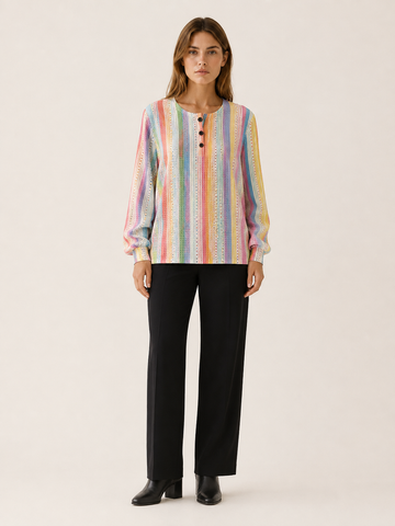 Elvoria | Women's Striped Button Neck Jumper