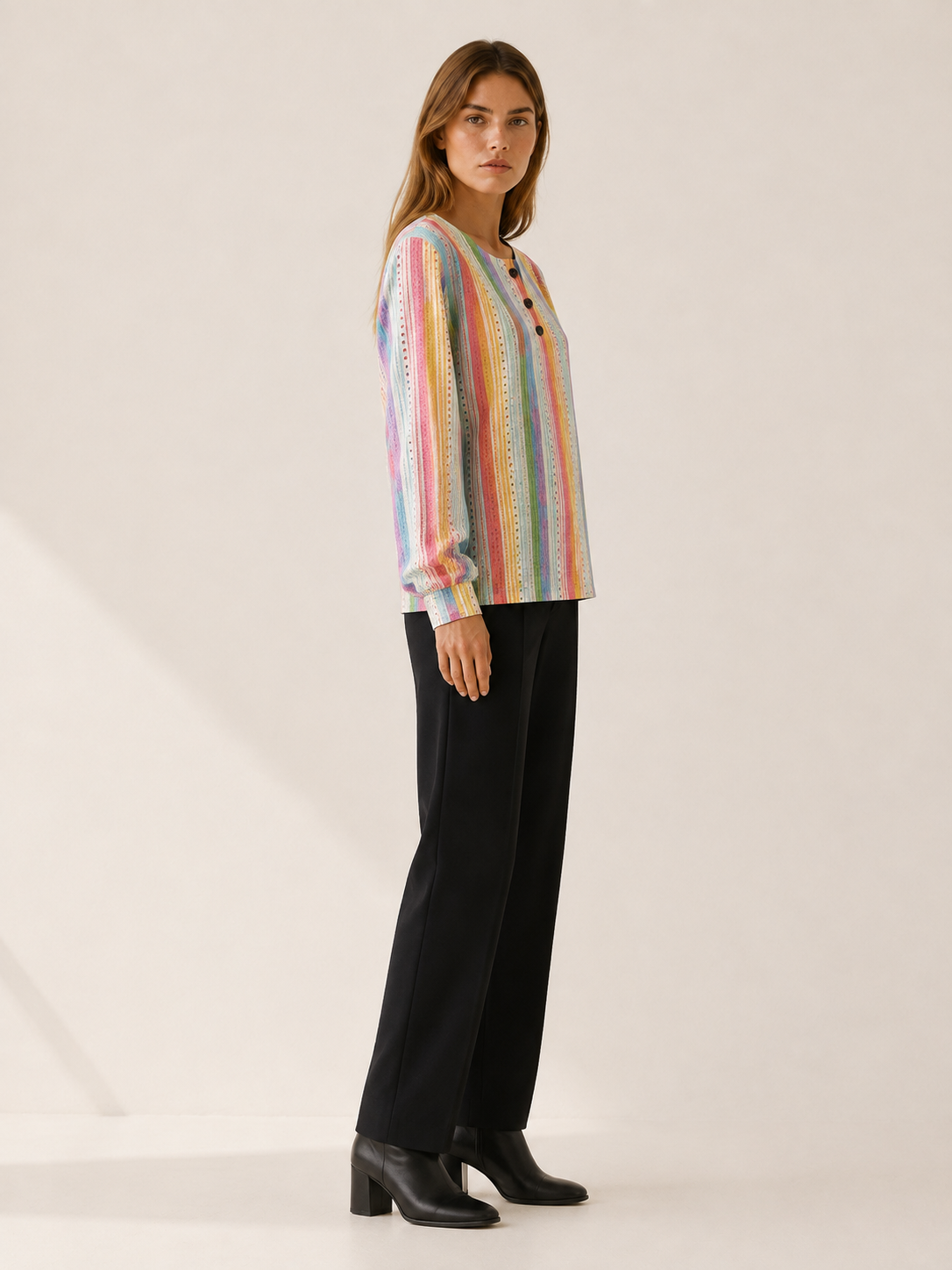 Elvoria | Women's Striped Button Neck Jumper