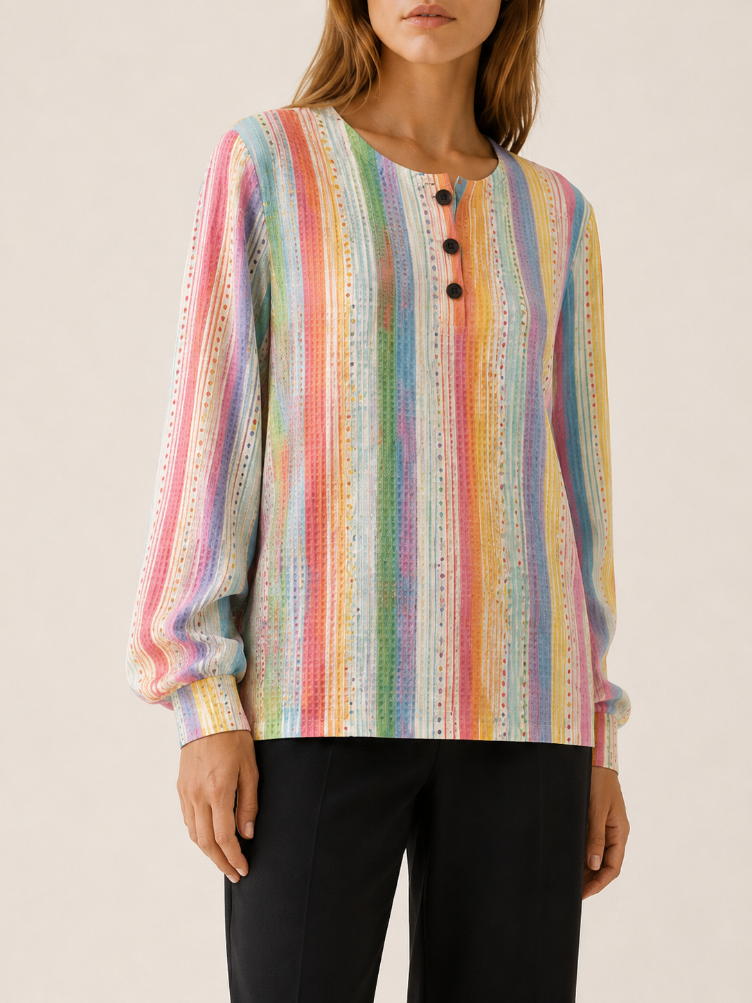 Elvoria | Women's Striped Button Neck Jumper