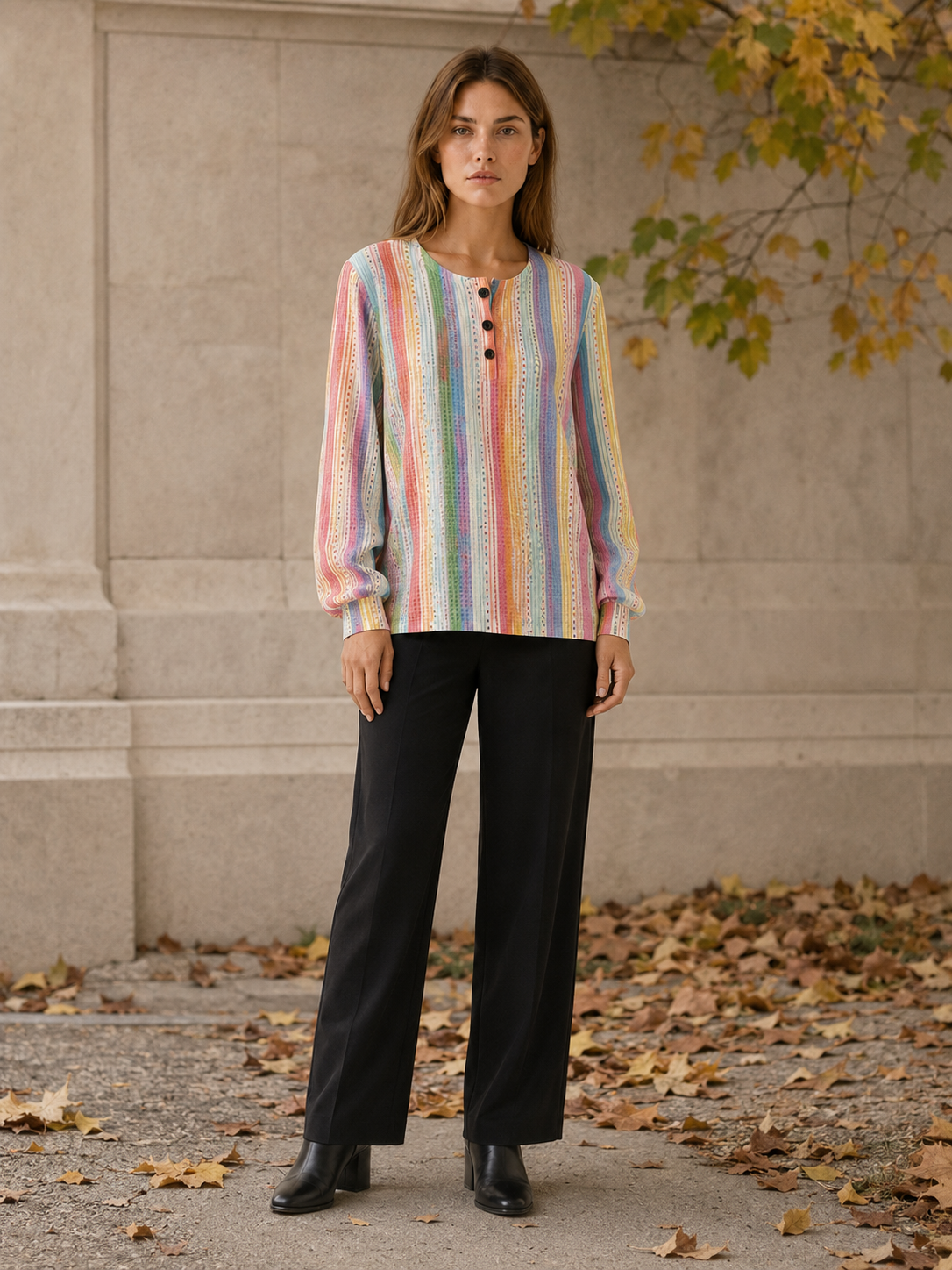 Elvoria | Women's Striped Button Neck Jumper