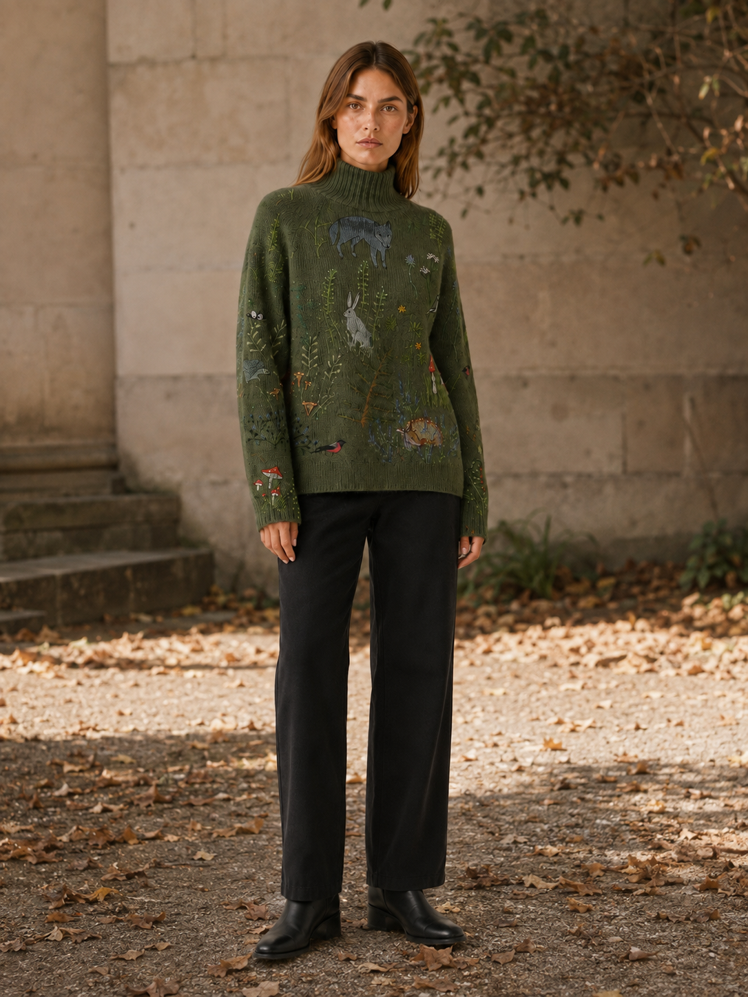 Elyndra | Women's Woodland Motif High Neck Jumper