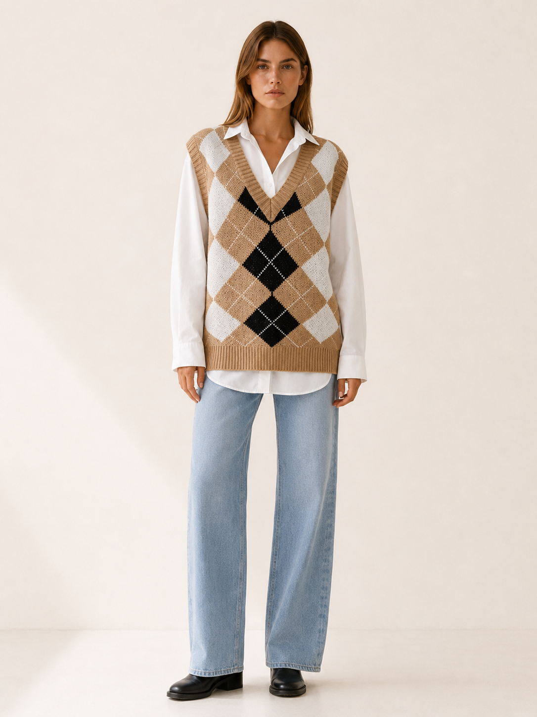 Esmalyn | Sleeveless Jumper with Argyle Pattern and V-Neck