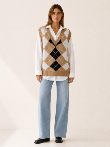 Esmalyn | Sleeveless Jumper with Argyle Pattern and V-Neck