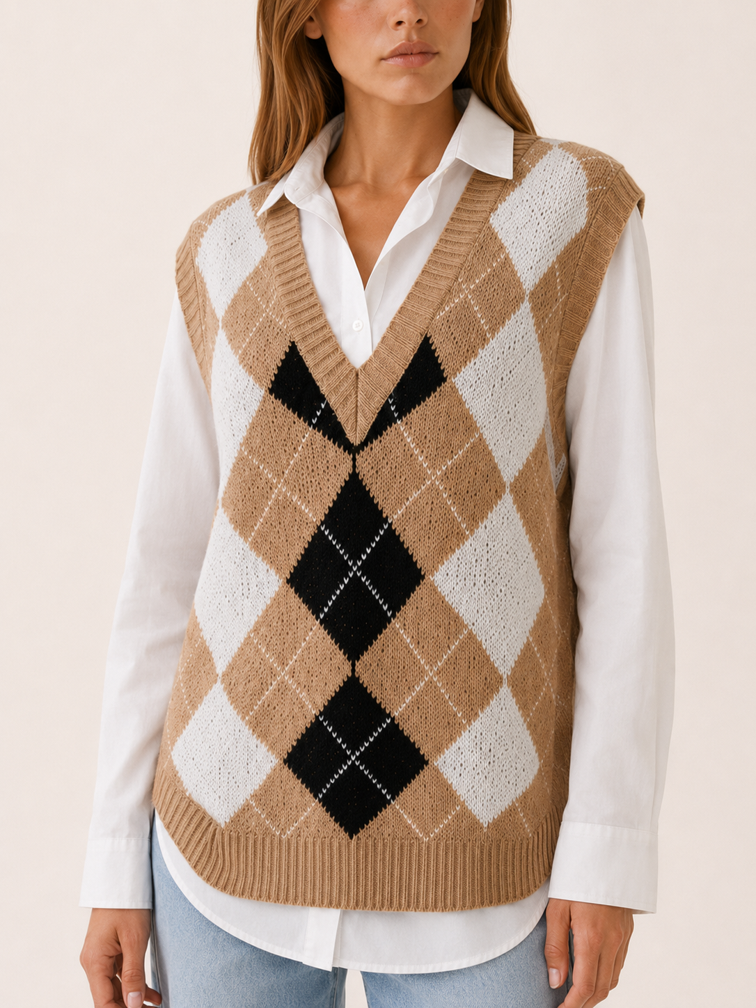Esmalyn | Sleeveless Jumper with Argyle Pattern and V-Neck