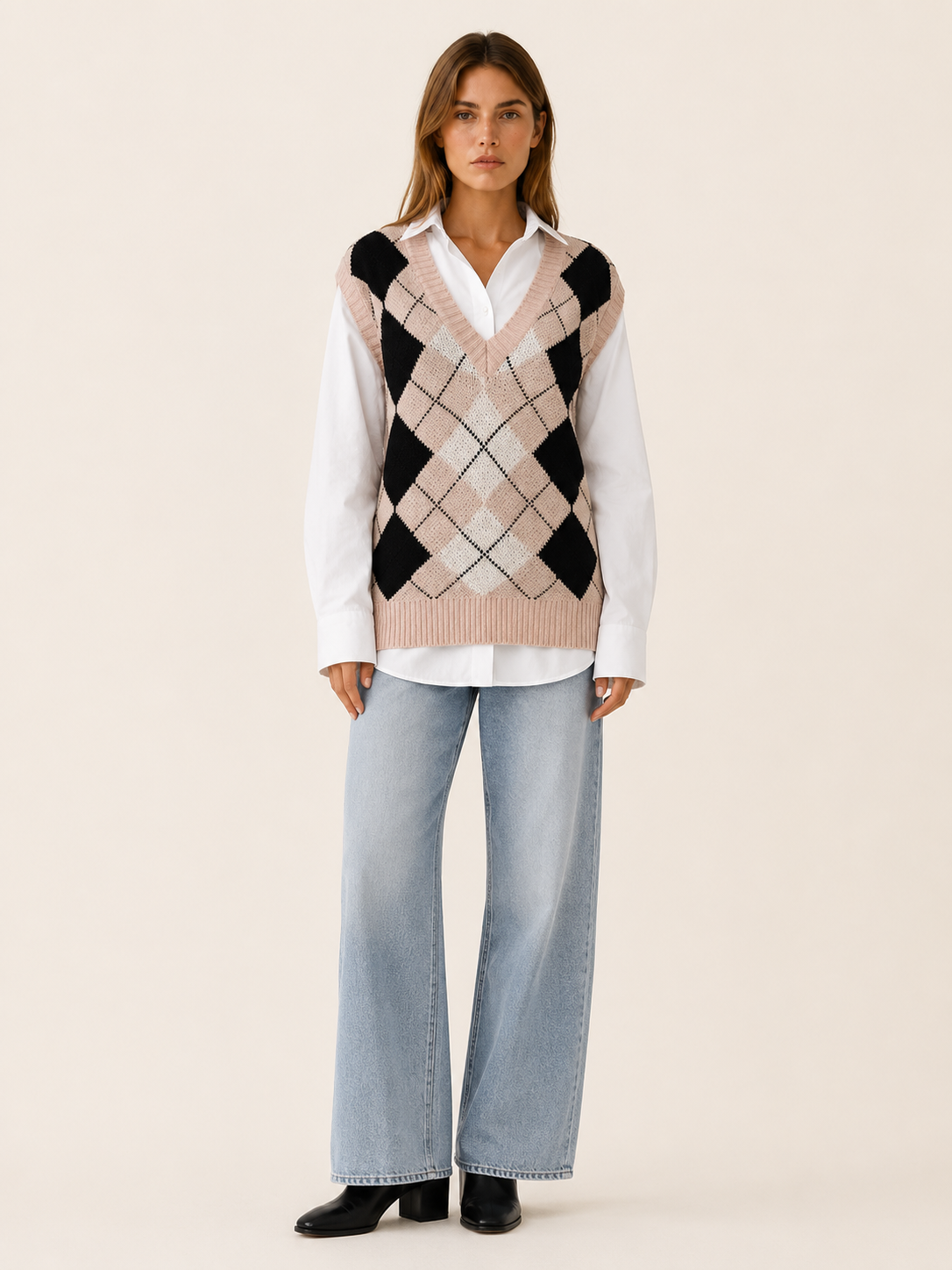 Esmalyn | Sleeveless Jumper with Argyle Pattern and V-Neck