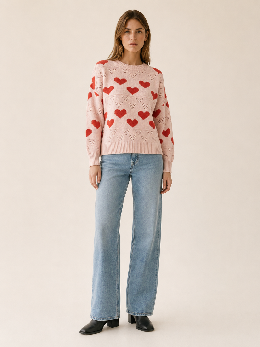 Esmee | Crew Neck Jumper with Heart Pattern and Openwork Detail