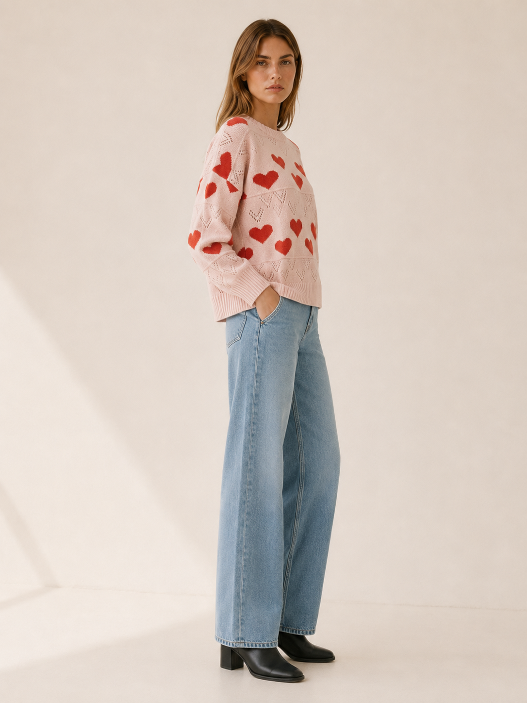 Esmee | Crew Neck Jumper with Heart Pattern and Openwork Detail