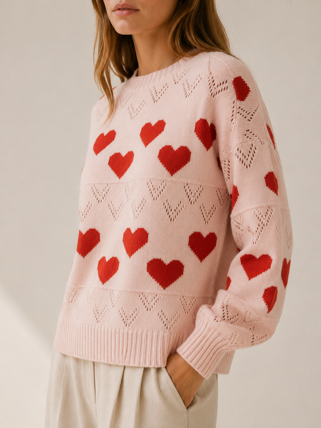 Esmee | Crew Neck Jumper with Heart Pattern and Openwork Detail
