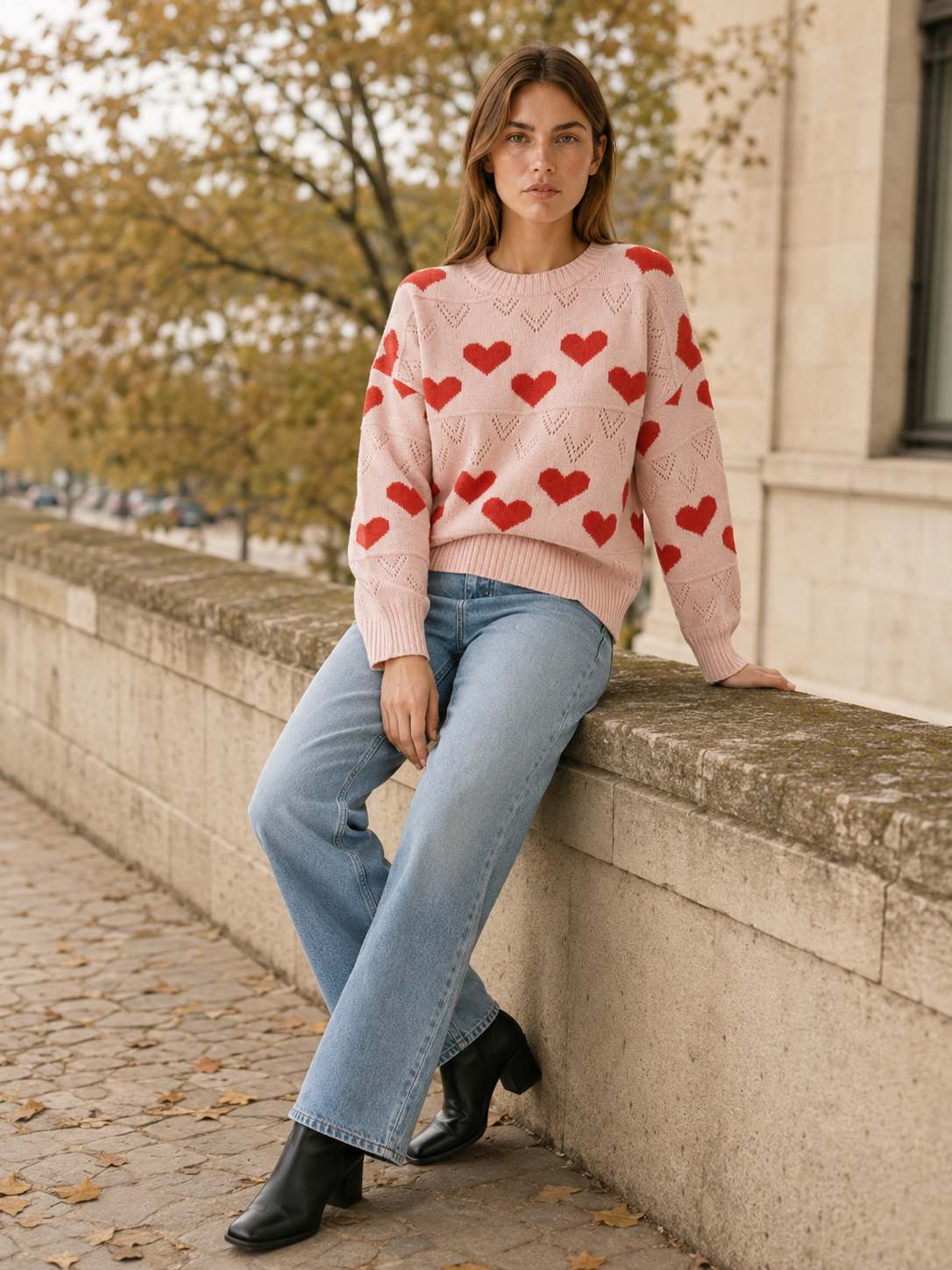 Esmee | Crew Neck Jumper with Heart Pattern and Openwork Detail