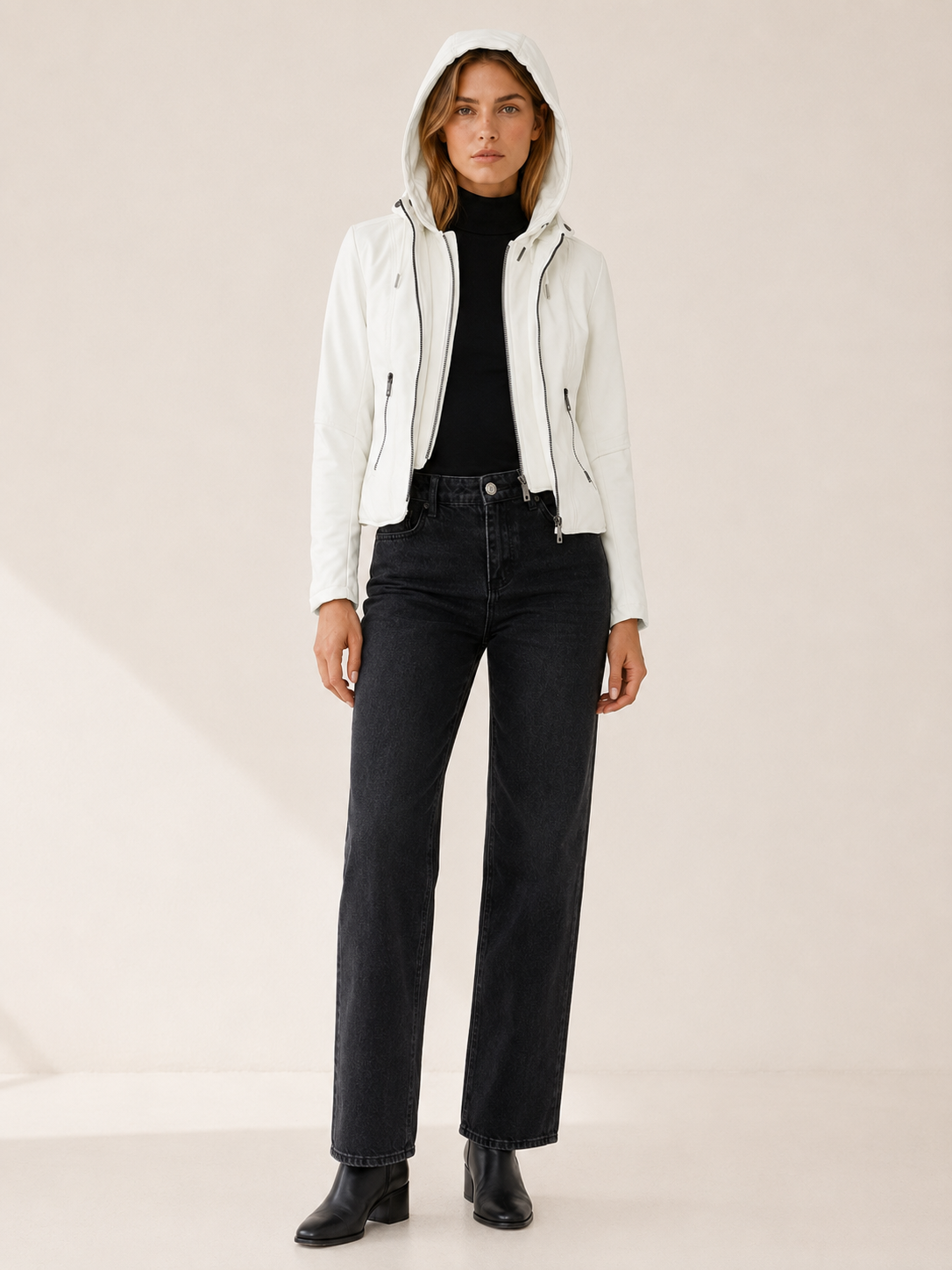 Eulalie | Biker Jacket with Drawstring Hood and Zip Front