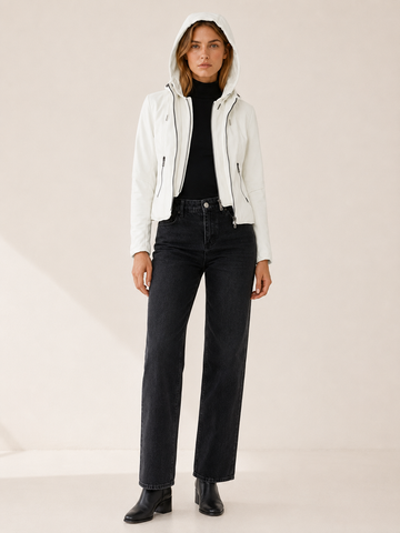 Eulalie | Biker Jacket with Drawstring Hood and Zip Front