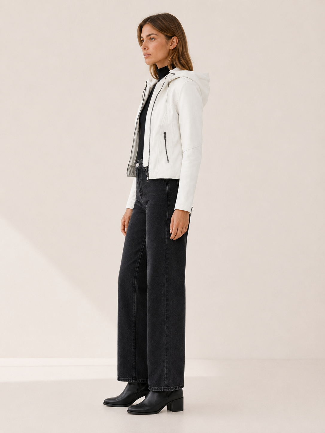 Eulalie | Biker Jacket with Drawstring Hood and Zip Front
