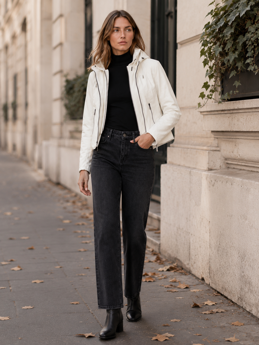 Eulalie | Biker Jacket with Drawstring Hood and Zip Front