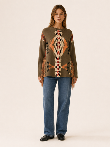 Euphemia | Patterned Jumper with Fringe Detail and Relaxed Fit