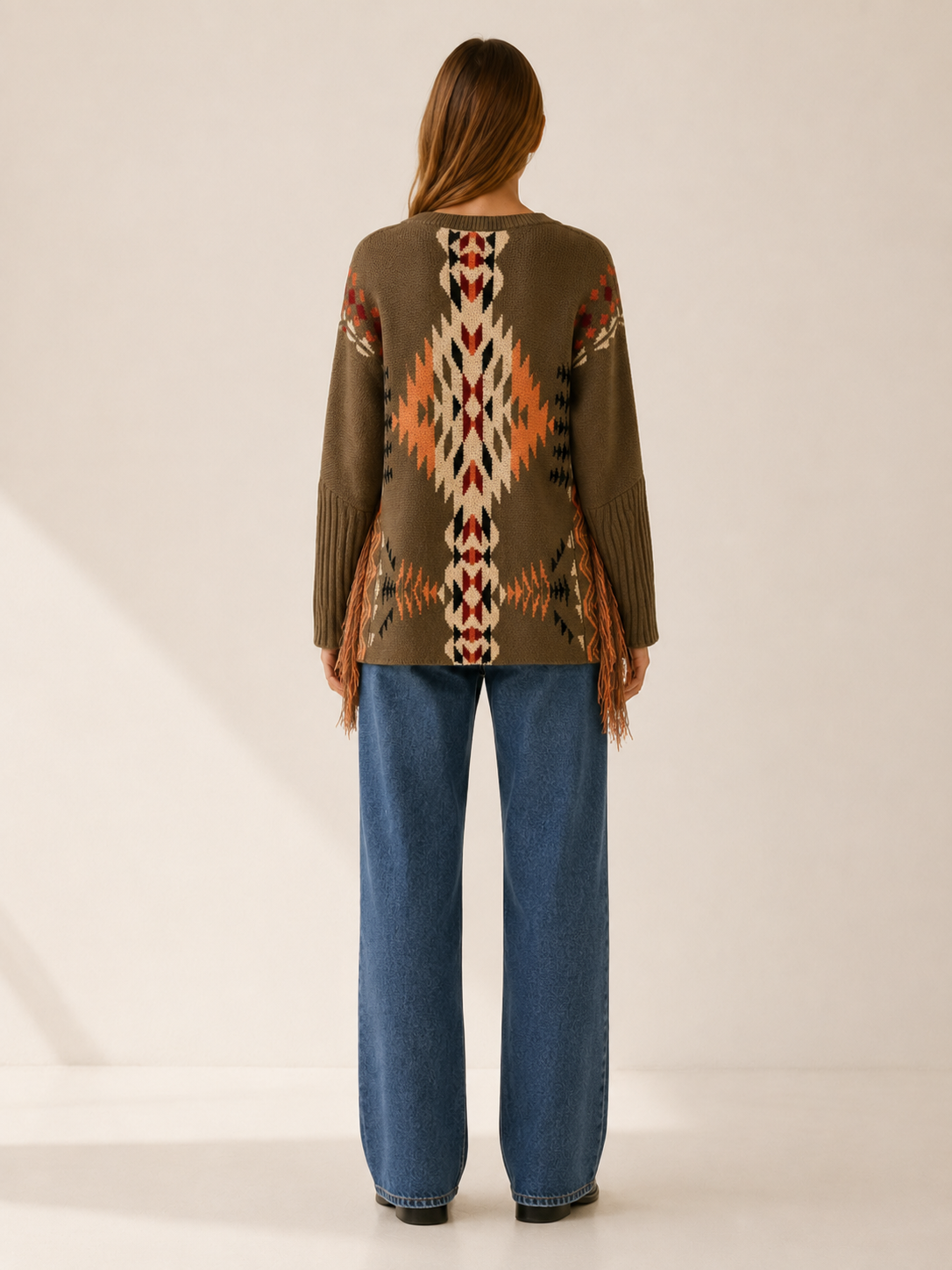 Euphemia | Patterned Jumper with Fringe Detail and Relaxed Fit