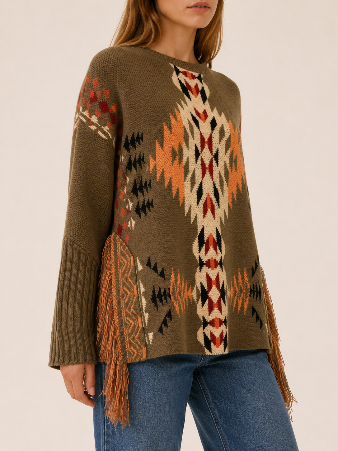 Euphemia | Patterned Jumper with Fringe Detail and Relaxed Fit