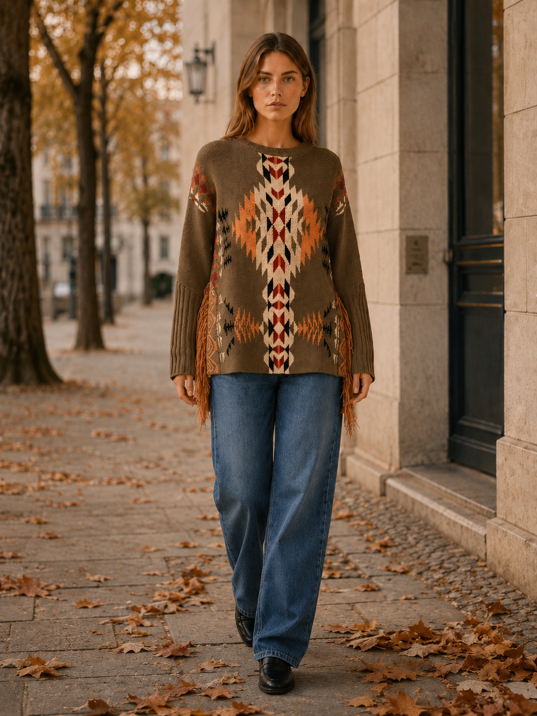 Euphemia | Patterned Jumper with Fringe Detail and Relaxed Fit