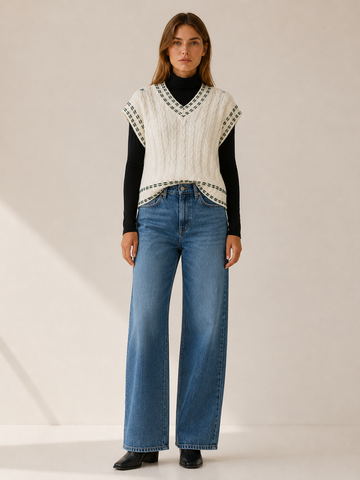 Euphrasie | Sweater Vest with V-Neck and Contrast Stitching