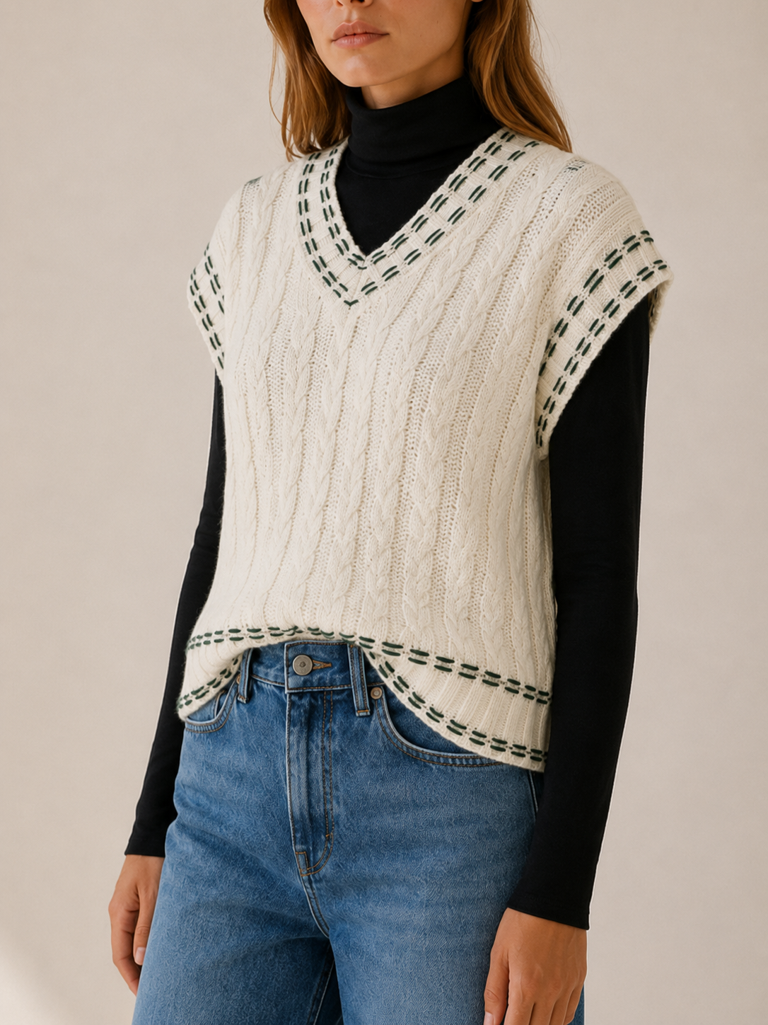 Euphrasie | Sweater Vest with V-Neck and Contrast Stitching