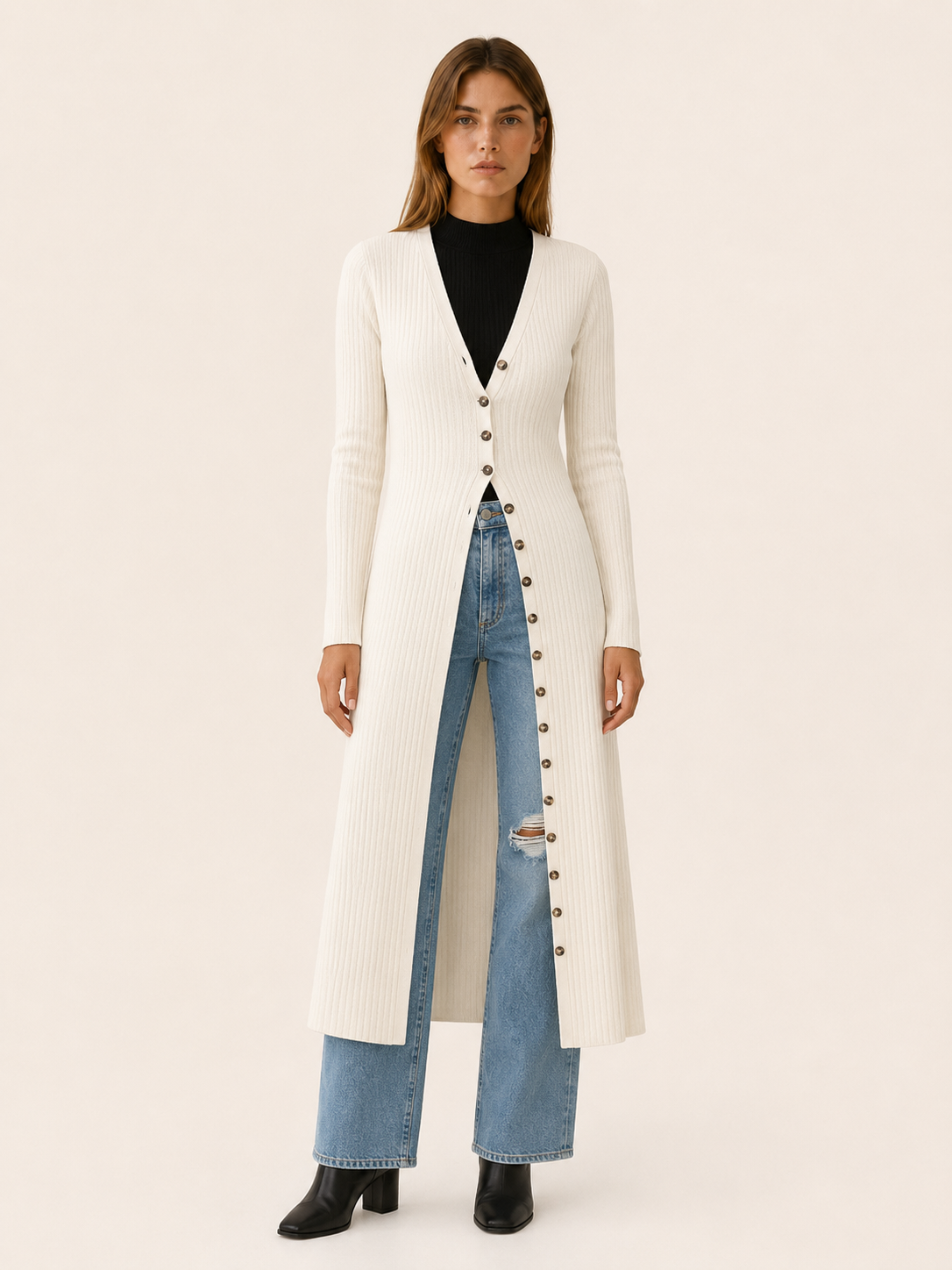 Eupraxia | Long Cardigan with V-Neck and Button Front