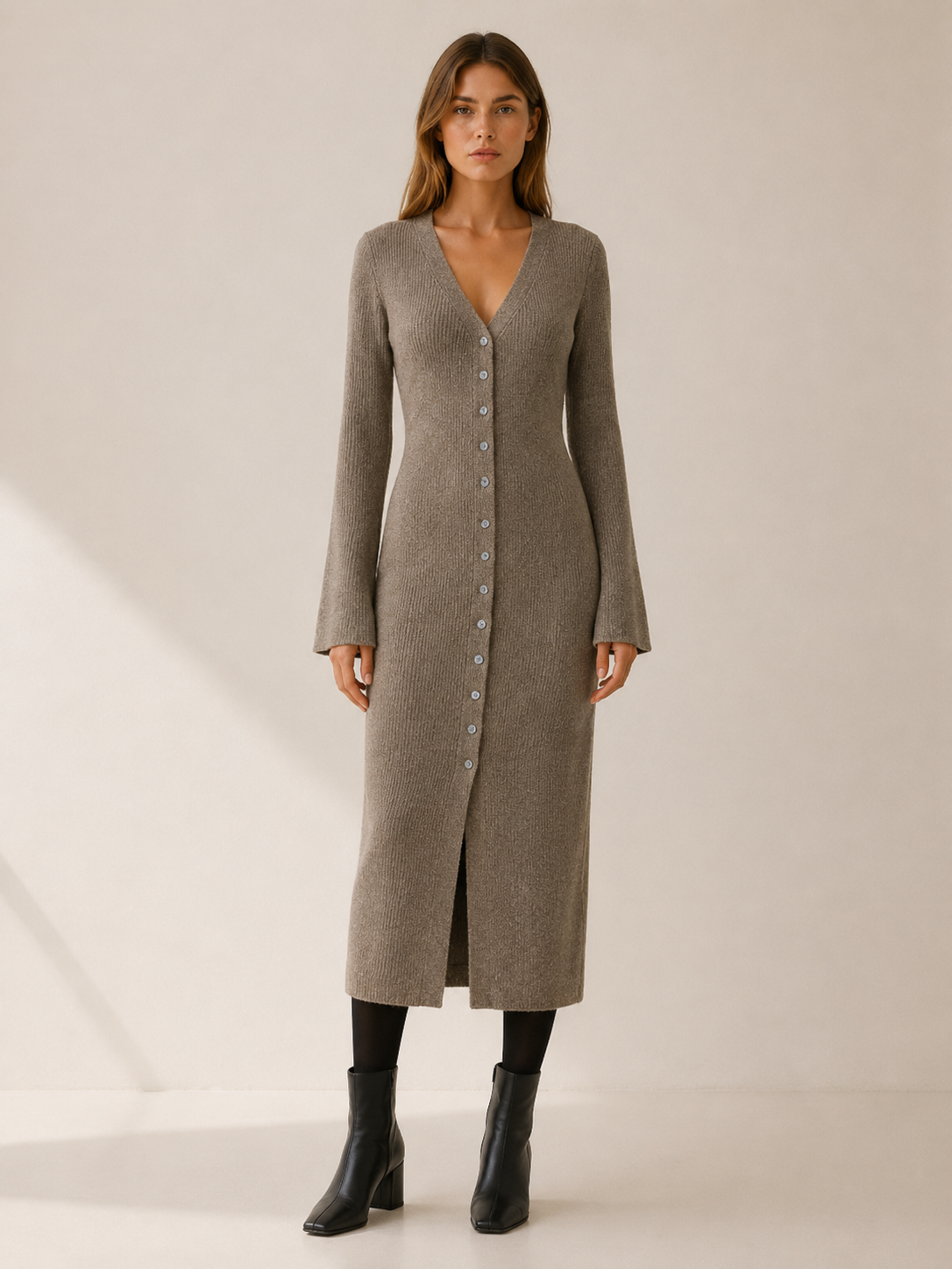 Eupraxia | Long Cardigan with V-Neck and Button Front
