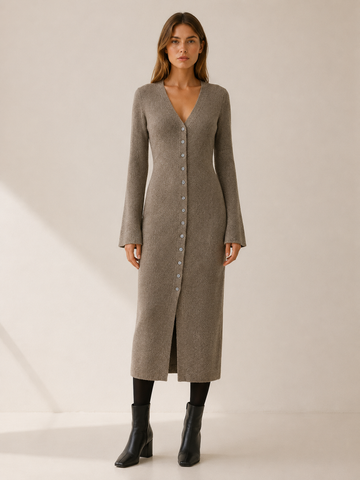 Eupraxia | Long Cardigan with V-Neck and Button Front