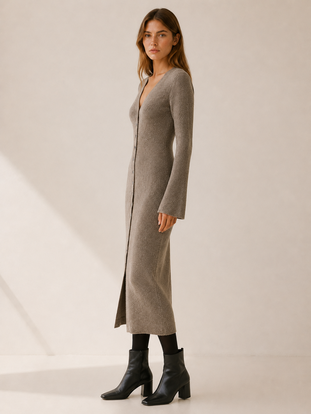 Eupraxia | Long Cardigan with V-Neck and Button Front