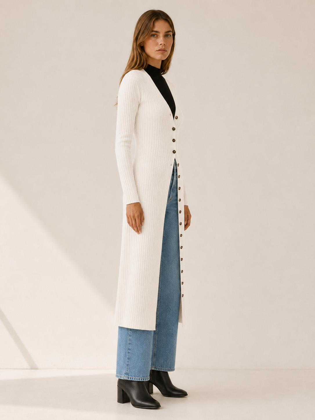 Eupraxia | Long Cardigan with V-Neck and Button Front