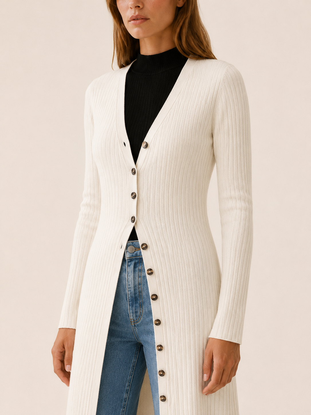 Eupraxia | Long Cardigan with V-Neck and Button Front