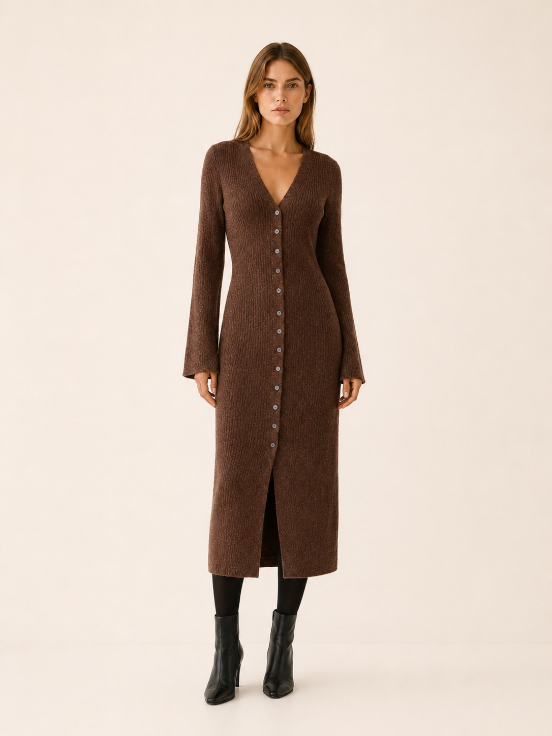 Eupraxia | Long Cardigan with V-Neck and Button Front