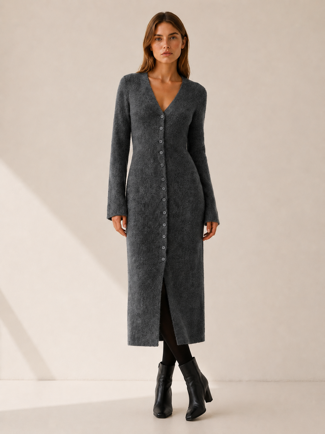 Eupraxia | Long Cardigan with V-Neck and Button Front