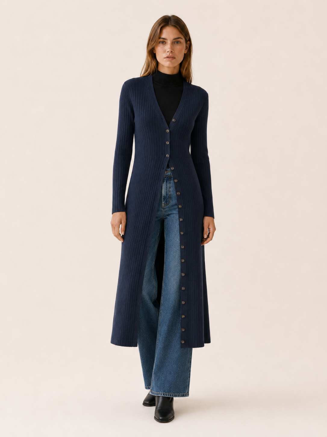 Eupraxia | Long Cardigan with V-Neck and Button Front