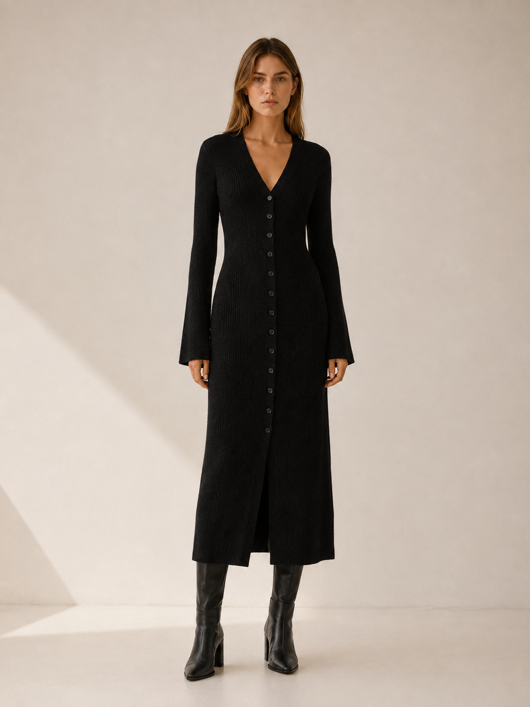 Eupraxia | Long Cardigan with V-Neck and Button Front