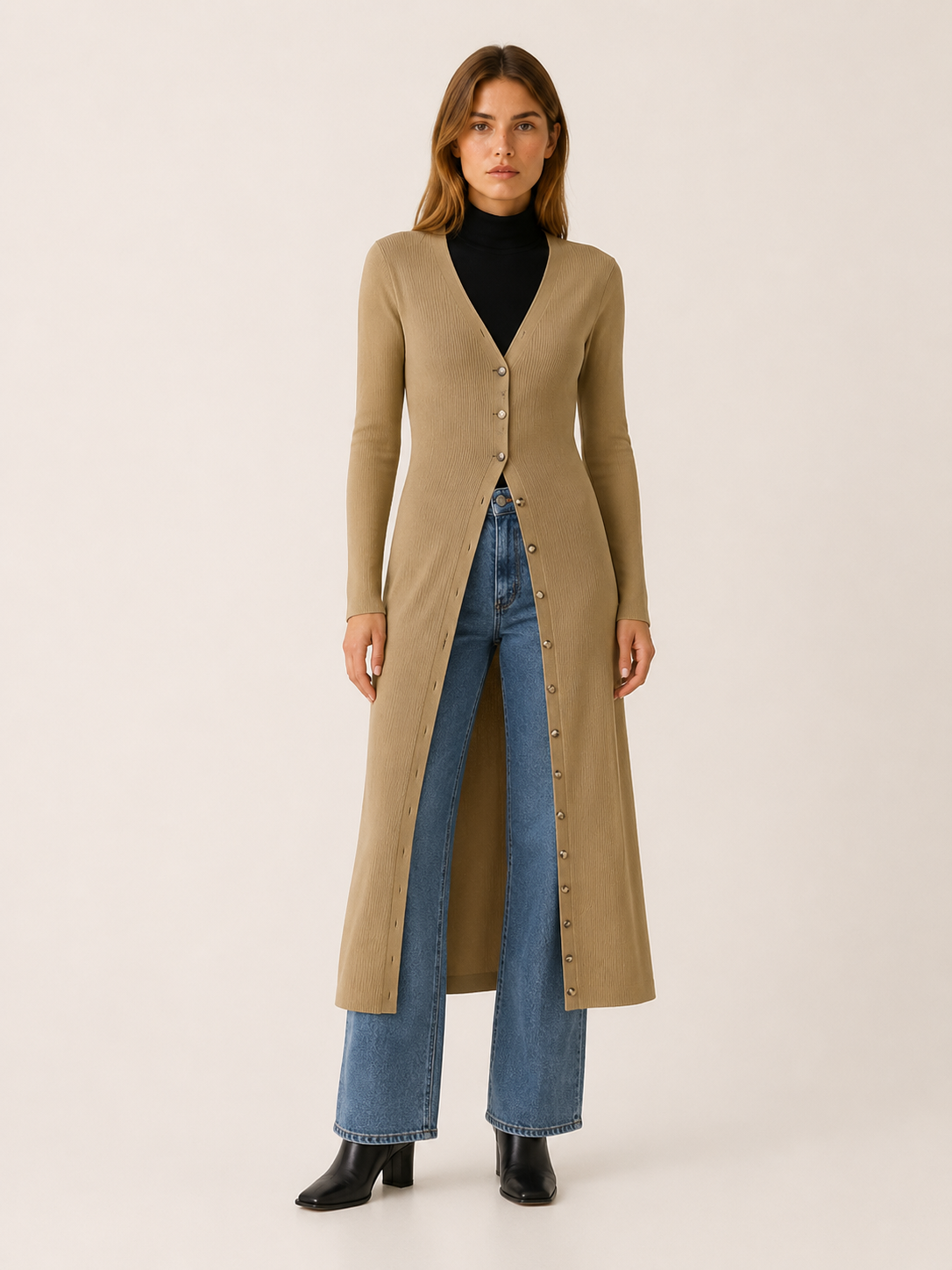 Eupraxia | Long Cardigan with V-Neck and Button Front