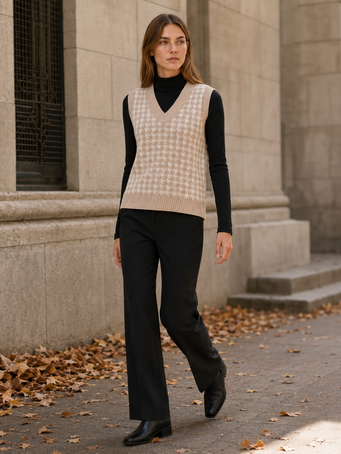 Evadne | Jumper Vest with Houndstooth Pattern and V-Neck