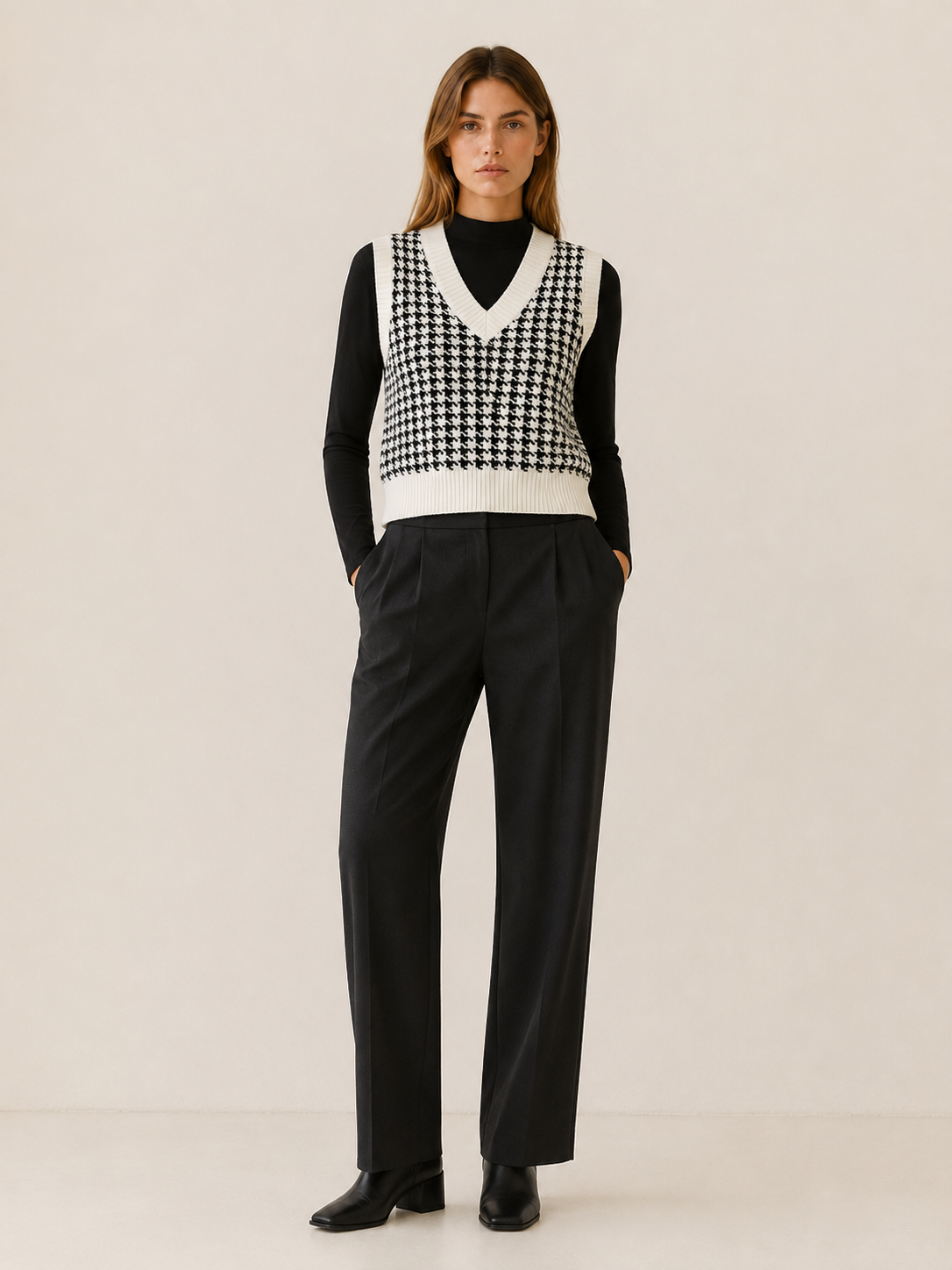 Evadne | Jumper Vest with Houndstooth Pattern and V-Neck