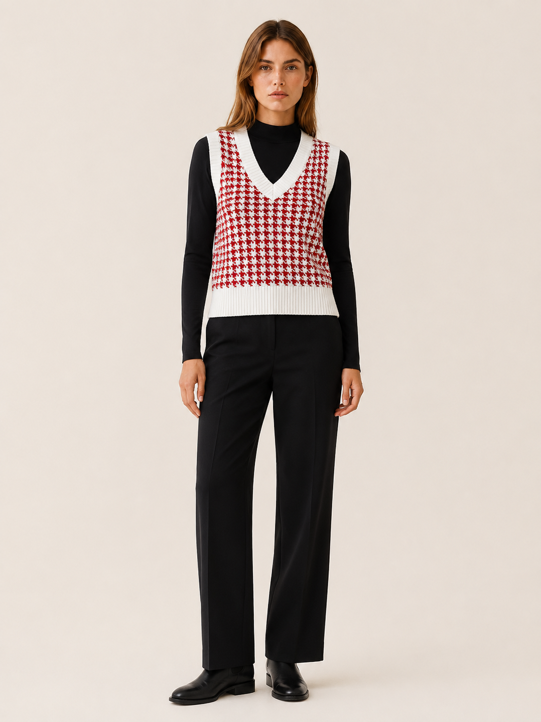 Evadne | Jumper Vest with Houndstooth Pattern and V-Neck