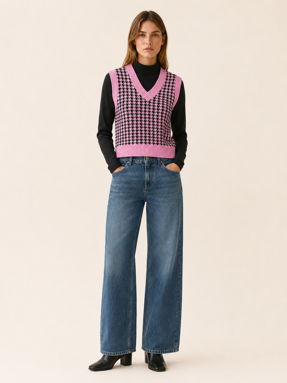 Evadne | Jumper Vest with Houndstooth Pattern and V-Neck