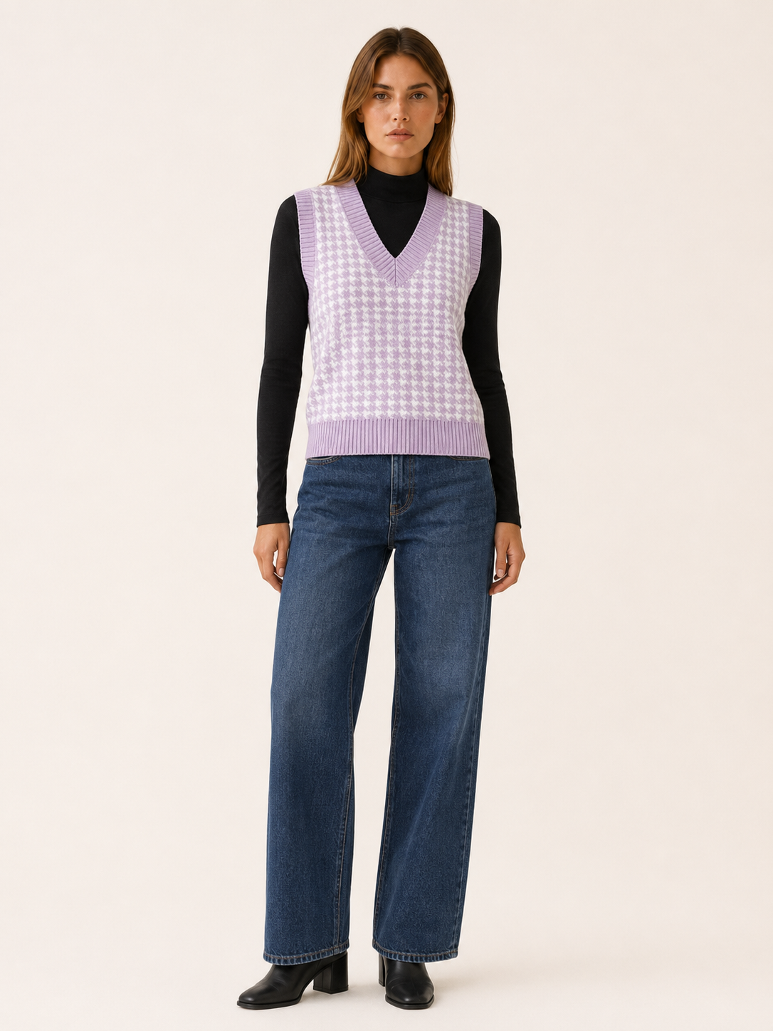 Evadne | Jumper Vest with Houndstooth Pattern and V-Neck