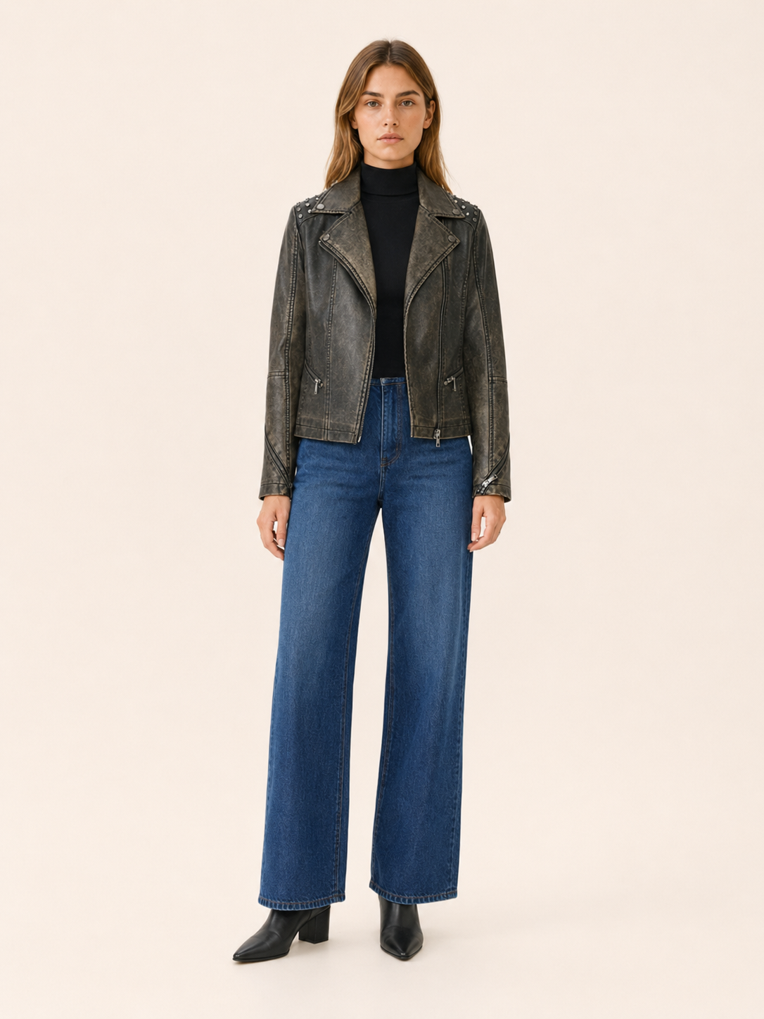 Evadra | Biker Jacket with Studded Shoulders and Asymmetric Zip