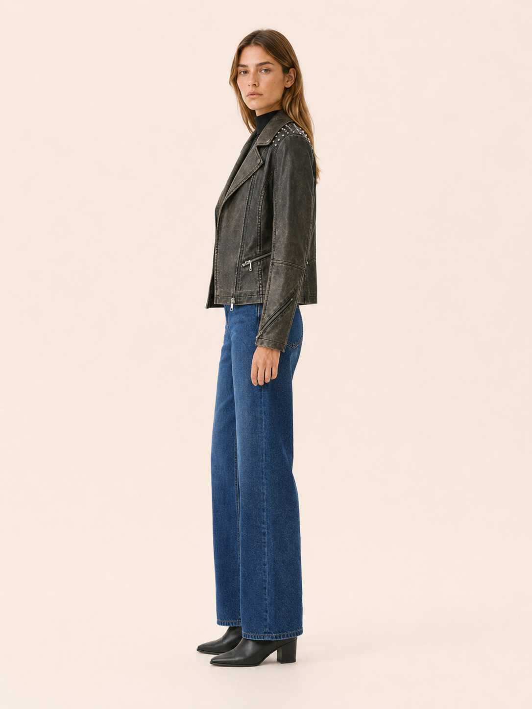 Evadra | Biker Jacket with Studded Shoulders and Asymmetric Zip