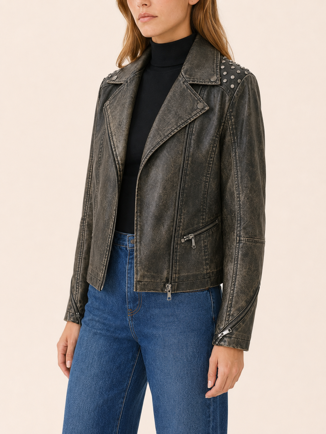 Evadra | Biker Jacket with Studded Shoulders and Asymmetric Zip