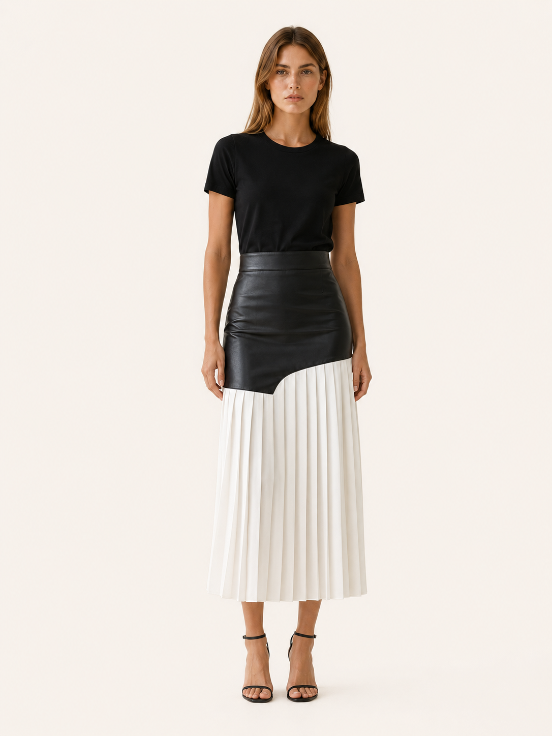 Evara | Asymmetrical Midi Skirt with Pleated Panel Faux Leather Look