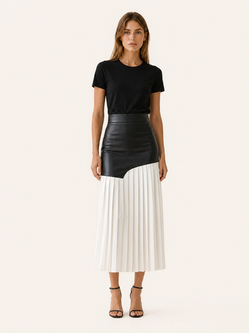 Evara | Asymmetrical Midi Skirt with Pleated Panel Faux Leather Look