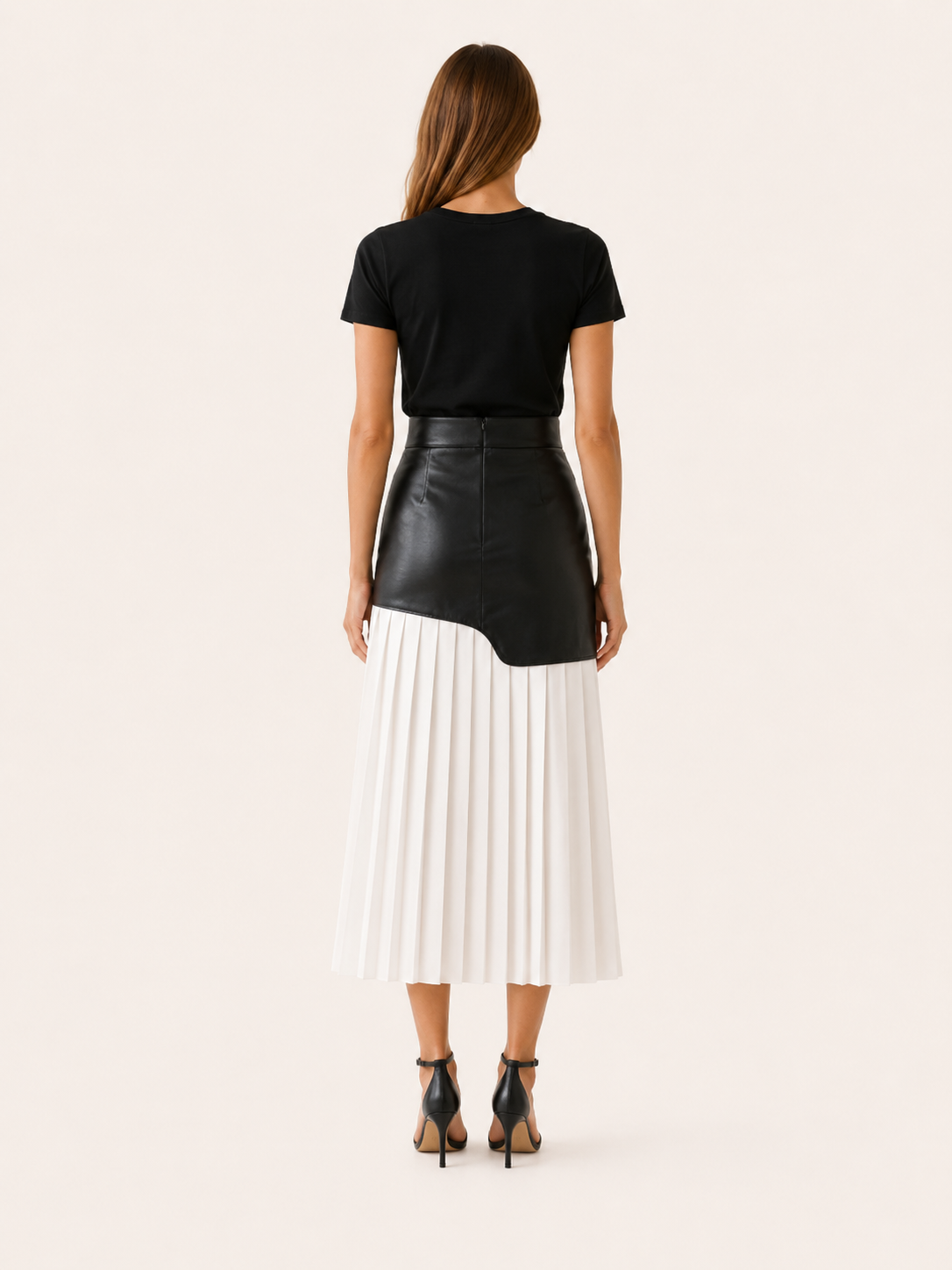 Evara | Asymmetrical Midi Skirt with Pleated Panel Faux Leather Look