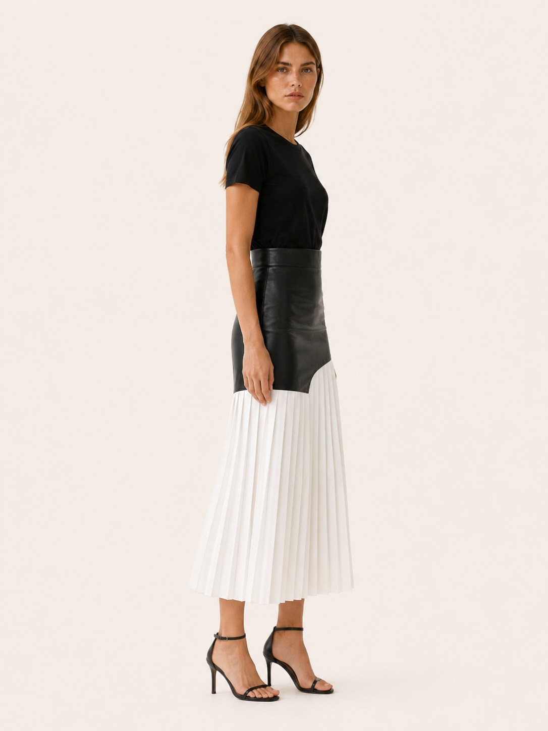 Evara | Asymmetrical Midi Skirt with Pleated Panel Faux Leather Look